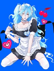 Rule 34 | 1boy, absurdres, alternate costume, apron, black choker, black dress, blue background, blue eyeshadow, blue hair, blue lips, cherry, choker, commentary request, crossdressing, crossed bangs, dress, enmaided, eyeshadow, fiery hair, food, frilled apron, frilled choker, frills, fruit, hair between eyes, hand up, heart, highres, idia shroud, khr, long hair, looking at viewer, maid, maid headdress, makeup, male focus, parted lips, puffy short sleeves, puffy sleeves, raised eyebrow, sharp teeth, short sleeves, sidelocks, signature, simple background, sitting, solo, teeth, thighhighs, trap, twintails, twisted wonderland, very long hair, white apron, white thighhighs, wrist cuffs, yellow eyes, zettai ryouiki