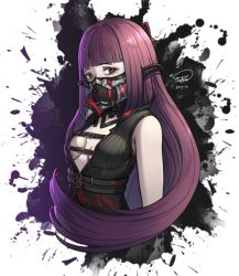 Rule 34 | 1girl, andonoz, blunt bangs, breasts, breasts apart, buckle, code vein, commission, corset, dated, freckles, gas mask, half mask, high collar, long hair, looking at viewer, mask, no bra, pale skin, purple eyes, red eyes, sideboob, signature, sleeveless, small breasts, solo, upper body