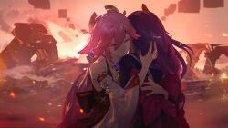 Rule 34 | 2girls, bare shoulders, braid, brooch, burning, chinese commentary, closed eyes, commentary request, detached sleeves, fire, flower brooch, genshin impact, hair ornament, highres, hug, japanese clothes, jewelry, kimono, long hair, multiple girls, nontraditional miko, obi, pink hair, purple hair, purple kimono, qnzy, raiden shogun, red sky, ruins, sash, shirt, single braid, sky, sleeveless, sleeveless shirt, spoilers, sunset, very long hair, white shirt, wide sleeves, yae miko