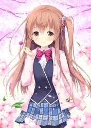 Rule 34 | 1girl, badge, blush, bow, bowtie, brown hair, button badge, candy, cardigan, cherry blossoms, flower, food, hair ornament, hair scrunchie, himeno sena, holding, koi kakeru shin-ai kanojo, lollipop, long hair, looking at viewer, open cardigan, open clothes, petals, plaid, plaid skirt, pleated skirt, school uniform, scrunchie, shirt, side ponytail, skirt, smile, solo, suzuame yatsumi, very long hair, wing collar, yellow eyes