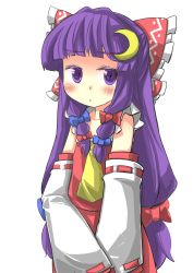 Rule 34 | 1girl, :o, ascot, blush, bow, cosplay, detached sleeves, gaoo (frpjx283), hair bow, hair tubes, hakurei reimu, hakurei reimu (cosplay), highres, large bow, long hair, long sleeves, open mouth, patchouli knowledge, purple eyes, purple hair, skirt, skirt set, solo, touhou, vest, wide sleeves
