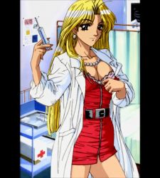 Rule 34 | 1girl, black eyes, blonde hair, doctor, dress, lab coat, long hair, red dress, solo, stitched, syringe, tagme, third-party edit