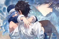 Rule 34 | 1boy, 1girl, absurdres, black eyes, black hair, black jacket, blue eyes, blue hat, brown thighhighs, carrying, collared shirt, fairy tail, fur-trimmed headwear, fur-trimmed jacket, fur trim, gray fullbuster, hat, highres, jacket, juvia lockser, long hair, looking at another, multiple views, princess carry, shirt, short hair, single off shoulder, sparkle, spiked hair, thighhighs, white shirt, xuchuan