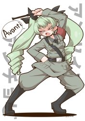 Rule 34 | 1girl, anchovy (girls und panzer), anzio military uniform, belt, black necktie, black ribbon, boots, closed mouth, commentary, drill hair, frown, girls und panzer, green hair, grey pants, hair ribbon, half-closed eyes, hand on own hip, holding, holding riding crop, italian text, knee boots, leaning to the side, long hair, looking to the side, necktie, pants, pants tucked in, red eyes, ribbon, riding crop, sam browne belt, shadow, solo, standing, text background, translated, twin drills, twintails, twitter username, zannen na hito