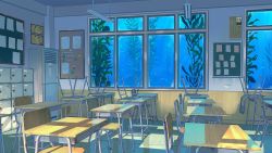 Rule 34 | air conditioner, bulletin board, certificate, chair, chinese commentary, classroom, commentary request, desk, fish, highres, kelp, no humans, note, ocean, original, paper, scenery, school, shade, shelf, sunlight, underwater, window, xingzhi lv