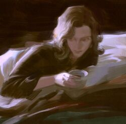 Rule 34 | 1girl, bed, brown eyes, brown hair, closed mouth, coffee, commentary, cup, dark background, elizabeth harmon, english commentary, faux traditional media, highres, holding, holding cup, indoors, long hair, long sleeves, looking to the side, lying, on stomach, painterly, solo, sunlight, the queen&#039;s gambit, under covers, yuming li
