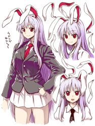 Rule 34 | 1girl, animal ears, black necktie, breasts, crescent, highres, image sample, itou yuuji, jacket, light purple hair, long hair, long sleeves, looking at viewer, md5 mismatch, multiple persona, multiple views, necktie, open mouth, portrait, puffy sleeves, rabbit ears, red eyes, red necktie, reisen udongein inaba, resized, shirt, simple background, skirt, smile, text focus, touhou, very long hair, vest, white background