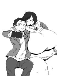 Rule 34 | 1boy, 1girl, blush, breasts, closed eyes, couple, holding, holding phone, huge breasts, jacket, monochrome, open mouth, original, pants, phone, plump, selfie, short hair, sitting, size difference, sleeping, sleeping on person, squarewave, taut clothes, thick thighs, thighs, white background