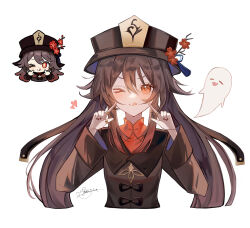 Rule 34 | 1girl, ;q, absurdres, black hat, black nails, boo tao (genshin impact), brown hair, brown jacket, cropped torso, floating hair, flower, genshin impact, hat, hat flower, highres, hu tao (genshin impact), index finger raised, jacket, long hair, long sleeves, looking at viewer, nail polish, one eye closed, red eyes, red flower, signature, smile, solo, tongue, tongue out, twintails, upper body, very long hair, white background, yena s
