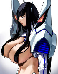Rule 34 | 1girl, alternate breast size, areola slip, bakkanki, black hair, breasts, hair over breasts, huge breasts, junketsu, kamui (kill la kill), kill la kill, kiryuuin satsuki, long hair, revealing clothes, solo, thick eyebrows, topless, white background
