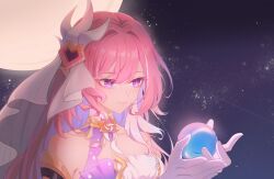 Rule 34 | absurdres, bare shoulders, breasts, bridal veil, chinese commentary, cleavage, collar, collarbone, commentary request, diamond-shaped pupils, diamond (shape), elysia (herrscher of human: ego) (honkai impact), elysia (honkai impact), gloves, hair between eyes, hair intakes, hair ornament, highres, holding orb, honkai (series), honkai impact 3rd, large breasts, long hair, looking at object, multicolored hair, pink hair, pink pupils, pointy ears, portrait, purple eyes, sidelocks, smile, streaked hair, symbol-shaped pupils, veil, white collar, white gloves, white veil, zhrc