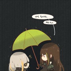 Rule 34 | ^^^, bare shoulders, blonde hair, brown hair, chibi, detached sleeves, eyepatch, from side, girls&#039; frontline, green hair, holding, holding umbrella, korean text, long hair, m16a1 (boss) (girls&#039; frontline), m16a1 (girls&#039; frontline), m4a1 (girls&#039; frontline), m4a1 (mod3) (girls&#039; frontline), mod3 (girls&#039; frontline), multicolored hair, rain, remodel (girls frontline), scar, scar across eye, scar on face, silence girl, simple background, spoilers, streaked hair, translation request, umbrella, water drop, wet, white hair