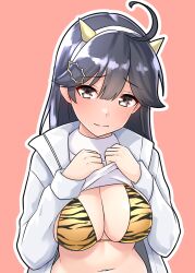 Rule 34 | 1girl, ahoge, animal print, black hair, bra, breasts, clothes lift, fake horns, furaggu (frag 0416), grey eyes, hair ornament, hairband, highres, hood, hoodie, hoodie lift, horns, kantai collection, large breasts, lifting own clothes, long hair, long sleeves, navel, pink background, print bra, simple background, solo, tiger print, underwear, upper body, ushio (kancolle), white hairband, white hoodie