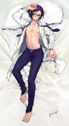 Rule 34 | 1boy, androgynous, barefoot, blue eyes, character request, commission, copyright request, glasses, highres, kome (vm500), lab coat, lying, male underwear, male underwear peek, on back, open clothes, open shirt, pants, purple hair, skeb commission, toned, toned male, underwear