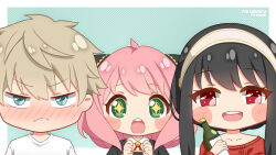Rule 34 | 1boy, 2girls, ahoge, anya (spy x family), aqua eyes, artist name, black hair, blonde hair, blue background, blush, blush stickers, bottle, chibi, closed mouth, collarbone, commentary, eden academy school uniform, english commentary, family, father and daughter, fpsmoe, frown, green eyes, hairband, hairpods, hands up, holding, holding bottle, mother and daughter, multiple girls, no nose, nose blush, open mouth, pink hair, red eyes, school uniform, shirt, simple background, smile, sparkling eyes, spy x family, teeth, twilight (spy x family), upper teeth only, white hairband, white shirt, wine bottle, yor briar