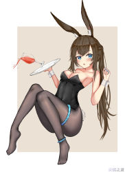 Rule 34 | 1girl, :o, absurdres, amiya (arknights), animal ear fluff, animal ears, anklet, arknights, artist name, black leotard, black pantyhose, blue eyes, blush, border, breasts, brown background, brown hair, cleavage, covered navel, full body, glass, hands up, highres, holding, holding plate, huijin zhi ling, jewelry, leotard, long hair, medium breasts, multiple rings, no shoes, open mouth, outside border, pantyhose, plate, playboy bunny, ponytail, rabbit ears, rabbit girl, rabbit tail, ring, sidelocks, simple background, solo, spill, strapless, strapless leotard, tail, thighlet, thighs, thumb ring, toes, white border, white wrist cuffs, wrist cuffs
