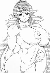 Rule 34 | 1girl, absurdres, breasts, greyscale, happy, highres, hokuto (artist), hokuto (tokuho), huge breasts, huge nipples, judith (tales), large areolae, large breasts, looking at viewer, monochrome, nipples, nude, pointy ears, seductive smile, smile, solo, tales of (series), tales of vesperia, twintails