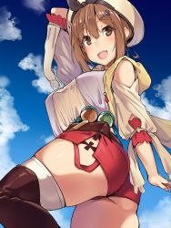 Rule 34 | 1girl, ass, atelier (series), atelier ryza, atelier ryza 1, bare shoulders, beret, black ribbon, blue sky, blush, breasts, brown eyes, brown hair, camisole, flask, hair ornament, hairclip, hat, highres, jacket, kuronyan, large breasts, looking back, open mouth, red shorts, reisalin stout, ribbon, round-bottom flask, short hair, short shorts, shorts, sky, sleeveless, sleeveless jacket, smile, solo, thighs, white camisole, white hat, yellow jacket