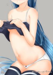 Rule 34 | 1girl, artist name, blue camisole, blue hair, blue thighhighs, bow, bow panties, breasts, breath, camisole, collarbone, commentary request, dressing, grey background, holding, holding clothes, kantai collection, kneeling, long hair, mae (maesanpicture), navel, no bra, off shoulder, out of frame, panties, samidare (kancolle), simple background, small breasts, solo, thighhighs, underwear, very long hair, white panties
