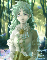 Rule 34 | 1girl, artist name, bad id, bad pixiv id, blue eyes, book, brooch, curly hair, dress, elbow gloves, forest, gloves, goth fashion, green hair, green theme, jewelry, minase souya, nature, personification, solo, voynich