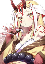 Rule 34 | 1girl, 47agdragon, artist name, bare shoulders, beads, blonde hair, blush, breasts, candy, chocolate, chocolate bar, cleavage, commentary request, earrings, eating, facial mark, fate/grand order, fate (series), food, highres, holding, horns, ibaraki douji (fate), japanese clothes, jewelry, kimono, long hair, looking at viewer, markings, off shoulder, oni, oni horns, pointy ears, prayer beads, small breasts, solo, upper body, yellow eyes