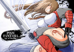 Rule 34 | 1girl, armor, black gloves, breasts, brown hair, copyright name, gloves, greaves, hair over one eye, holding, holding sword, holding weapon, keshin, kitta hatter, large breasts, long hair, pixiv fantasia, pixiv fantasia age of starlight, smirk, standing, sword, tattoo, thighs, very long hair, weapon, yellow eyes