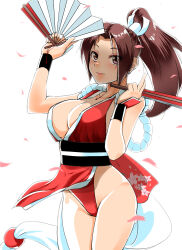 Rule 34 | 1girl, absurdres, arm guards, breasts, commentary request, cowboy shot, fatal fury, folding fan, hand fan, high ponytail, highres, holding, holding fan, japanese clothes, large breasts, leotard, long hair, looking at viewer, nanao futaba, ninja, pelvic curtain, red leotard, revealing clothes, rope, shiranui mai, sideboob, solo, the king of fighters, white background