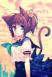 Rule 34 | 1girl, animal ears, bad id, bad pixiv id, bell, blue eyes, blue skirt, blush, brown hair, cat ears, cat tail, highres, long skirt, looking at viewer, original, ponytail, puffy sleeves, reia, shirt, short sleeves, skirt, smile, solo, tail, white shirt