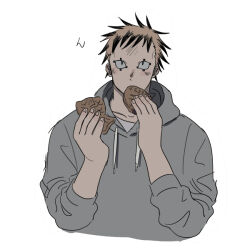 Rule 34 | 1boy, alternate costume, blonde hair, blush, colored tips, cropped torso, dorohedoro, eating, facial mark, food request, hood, hoodie, looking at viewer, male focus, multicolored hair, no eyebrows, risu (dorohedoro), solo, to (pixiv 34180059)