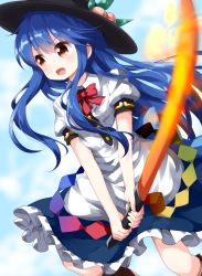Rule 34 | 1girl, :d, apron, black hat, blouse, blue hair, blue skirt, bow, bowtie, brown footwear, buttons, dress shirt, feet out of frame, food, frills, fruit, hat, highres, hinanawi tenshi, keystone, leaf, long hair, looking afar, open mouth, peach, puffy short sleeves, puffy sleeves, rainbow gradient, rainbow order, red bow, red eyes, ruu (tksymkw), shirt, shoes, short sleeves, skirt, sky, smile, sword, sword of hisou, touhou, very long hair, weapon, white shirt, wing collar