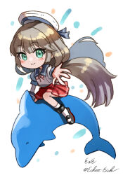 Rule 34 | 1girl, blush, brown hair, chibi, dolphin, eckert&amp;eich, green eyes, hat, kantai collection, long hair, looking at viewer, low twintails, mikura (kancolle), one-piece swimsuit, pleated skirt, red skirt, riding, sailor collar, sailor hat, school uniform, serafuku, short sleeves, simple background, skirt, smile, socks, solo, swimsuit, twintails, twitter username, white hat, white socks