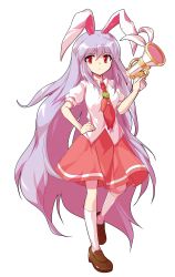 Rule 34 | 1girl, animal ears, brown footwear, clip, closed mouth, collared shirt, dairi, eyebrows, full body, hand on own hip, highres, holding, kneehighs, loafers, long hair, looking at viewer, lunatic gun, necktie, puffy short sleeves, puffy sleeves, purple hair, rabbit ears, red eyes, red necktie, red skirt, reisen udongein inaba, serious, shirt, shoes, short sleeves, simple background, skirt, socks, solo, tachi-e, touhou, transparent background, very long hair, white background, white shirt, white socks, wing collar