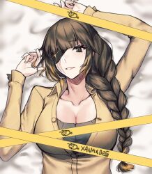 Rule 34 | 1girl, breasts, brown eyes, brown hair, eyepatch, girls&#039; frontline, highres, large breasts, long hair, looking at viewer, lying, m16a1 (girls&#039; frontline), open mouth, scar, smile, third-party source, xanax025