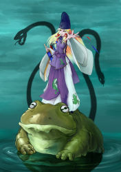 Rule 34 | 1girl, absurdres, adapted costume, alternate hair length, alternate hairstyle, blonde hair, chongtian yixiao shualuanfei, frog, hat, highres, japanese clothes, kariginu, looking at viewer, moriya suwako, aged up, outstretched hand, shua1745 (pixiv), solo, standing, sword, tassel, tate eboshi, touhou, water, weapon, yellow eyes