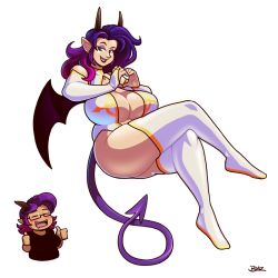 Rule 34 | 2girls, angel, bare shoulders, bat wings, black lips, black shirt, blazbaros, bodysuit, breasts, bridal gauntlets, chibi, cleavage, curvy, demon, demon girl, demon horns, demon tail, demon wings, drooling, glasses, gold trim, gradient hair, heart, heart hands, highres, horns, huge breasts, large breasts, long ears, medium hair, mature female, multicolored hair, multiple girls, pointy ears, purple eyes, purple hair, seductive smile, shirt, smile, tail, thick thighs, thighhighs, thighs, thumbs up, wide hips, wings