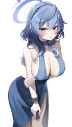 Rule 34 | 1girl, absurdres, ako (blue archive), ako (dress) (blue archive), arm under breasts, bare shoulders, blue archive, blue dress, blue eyes, blue hair, blush, breasts, cleavage, cuffs, dress, evening gown, feet out of frame, halo, highres, holding own arm, large breasts, looking at viewer, official alternate costume, shackles, sideless dress, simple background, solo, sukoyaka konbu, sweat, white background