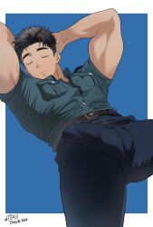 Rule 34 | 1boy, aqua shirt, arms behind head, bara, belt, black hair, blue background, blue pants, border, breast pocket, brown belt, bulge, buttons, collared shirt, highres, knees out of frame, male focus, original, pants, parted lips, pocket, shirt, short sleeves, simple background, sleeping, solo, teeth, tenji (tenji 89), tight clothes, tight pants, white border