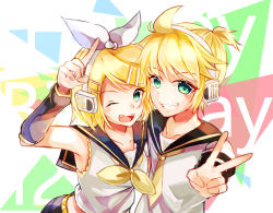 Rule 34 | 1boy, 1girl, ;d, black sailor collar, black sleeves, blonde hair, bow, brother and sister, collarbone, collared shirt, detached sleeves, fang, green eyes, hair between eyes, hair bow, hairband, headband, headphones, index finger raised, kagamine len, kagamine rin, looking at viewer, neckerchief, necktie, one eye closed, open mouth, sailor collar, sailor shirt, shirt, short hair, siblings, sleeveless, sleeveless shirt, smile, swept bangs, toratora789, upper body, v, vocaloid, white bow, white hairband, white shirt, yellow neckerchief