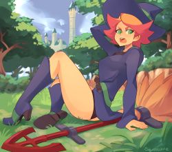 Rule 34 | 1girl, amanda o&#039;neill, arm behind head, arm support, arm up, blue dress, blue footwear, blue hat, boots, breasts, broom, commentary, dress, english commentary, from side, full body, grass, green eyes, hat, high heel boots, high heels, knee boots, knee up, little witch academia, long sleeves, looking at viewer, medium breasts, open mouth, orange hair, outdoors, short eyebrows, short hair, signature, sitting, solo, squeezable (squeezabledraws), thick eyebrows, tree, v-shaped eyebrows, witch hat