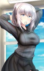 Rule 34 | 1girl, adjusting hair, alternate hairstyle, arms behind head, arms up, black skirt, blouse, blue eyes, blue sky, blush, closed mouth, commentary, cowboy shot, day, dress shirt, frown, girls und panzer, grey shirt, hair tie in mouth, hair up, highres, indoors, insignia, itsumi erika, kuromorimine school uniform, long sleeves, looking at viewer, medium hair, miniskirt, mouth hold, pleated skirt, ponytail, red skirt, redbaron, school uniform, shirt, skirt, sky, solo, window, wing collar