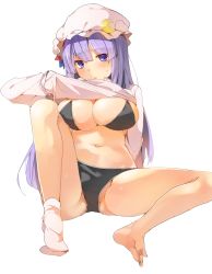 Rule 34 | 1girl, ass, bad feet, bad id, bad twitter id, barefoot, bikini, black bikini, blush, bow, breasts, cleavage, clothes lift, crescent, dress shirt, hasebe yuusaku, hat, hat bow, large breasts, long hair, long sleeves, looking at viewer, mob cap, navel, open mouth, panties, patchouli knowledge, purple eyes, purple hair, shirt, shirt lift, simple background, sitting, sock pull, socks, solo, spread legs, sweat, sweatdrop, swimsuit, touhou, underwear, white background, white socks
