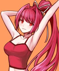 Rule 34 | 1girl, armpits, arms up, breasts, cleavage, crop top, hair intakes, hair ribbon, highres, large breasts, long hair, looking at viewer, orange background, ponytail, purple hair, red eyes, ribbon, simple background, smile, solo, tank top, tb (spr1110), under night in-birth, upper body, very long hair, yuzuriha (under night in-birth)