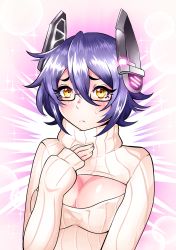 Rule 34 | 1girl, angie bunnie, bespectacled, black-framed eyewear, blush, breasts, cleavage, cleavage cutout, closed mouth, clothing cutout, glasses, hair between eyes, hand on own chest, headgear, highres, kantai collection, medium breasts, meme attire, open-chest sweater, pink background, purple hair, ribbed sweater, semi-rimless eyewear, short hair, sleeveless, solo, sparkle, sweat, sweater, tenryuu (kancolle), turtleneck, turtleneck sweater, under-rim eyewear, upper body, white sweater, yellow eyes