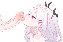 Rule 34 | 1boy, 1girl, blue archive, blush, byul-munji, fellatio, hair ornament, hairclip, hetero, hina (blue archive), licking, licking penis, long hair, nude, oral, penis, purple eyes, simple background, uncensored, upper body, white background, white hair