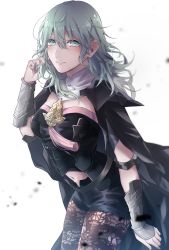 Rule 34 | 1girl, armor, black armor, black cape, black pantyhose, black shorts, blurry, blurry background, blush, breasts, byleth (female) (fire emblem), byleth (fire emblem), cape, clothing cutout, commentary request, cowboy shot, detached collar, emblem, fire emblem, fire emblem: three houses, green eyes, green hair, hair between eyes, hand in own hair, hand up, highres, kisaragi (kisaragi0530), large breasts, long hair, looking at viewer, navel, navel cutout, nintendo, pantyhose, patterned clothing, short shorts, shorts, shoulder armor, sidelocks, simple background, smile, solo, standing, tassel, white background, wrist guards