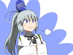 Rule 34 | 1girl, :3, black ribbon, blue background, blue eyes, hands in opposite sleeves, hat, japanese clothes, long hair, long sleeves, mononobe no futo, own hands together, pom pom (clothes), ponytail, ribbon, shinori, silver hair, simple background, smile, solo, tabard, tate eboshi, touhou, two-tone background, white background