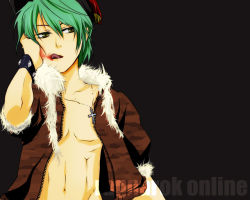 Rule 34 | 1boy, black background, blood, blood on face, bracelet, brown jacket, commentary request, copyright name, cross, cross necklace, fur-trimmed jacket, fur trim, green eyes, green hair, hair between eyes, hand in own hair, jacket, jewelry, koshou (maayan), licking blood, looking to the side, male focus, necklace, open clothes, open jacket, open mouth, ragnarok online, rogue (ragnarok online), short hair, short sleeves, simple background, solo, spiked bracelet, spikes, upper body, zipper