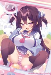 Rule 34 | 1girl, blush, bow, breasts, brown hair, brown thighhighs, cameltoe, cleft of venus, clothes lift, crane game, fang, hair bow, large breasts, long hair, melonbooks, miniskirt, msp sammy, open mouth, oppai loli, original, panties, pink eyes, school uniform, serafuku, short twintails, skin fang, skirt, skirt lift, sleeves past wrists, smile, smug, solo, spread legs, striped clothes, striped panties, thighhighs, twintails, underwear, very long hair