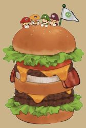 Rule 34 | 4boys, bacon, brown background, brown hair, burger, cheese, chibi, facial hair, flag, flags of all nations, food, gloves, hat, highres, lettuce, luigi, mario, mario (series), mimimim9999, multiple boys, mustache, nintendo, onion, short hair, size difference, string of flags, tomato, waluigi, wario