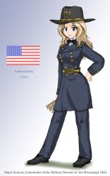 1girl american_civil_war american_flag black_footwear black_hat blonde_hair blue_coat blue_eyes blue_pants bow bowtie buttons coat double-breasted epaulettes ernest_(sieg1945) girls_und_panzer gloves gold_belt gold_buttons hand_on_own_hip hat highres holding holding_gloves holding_unworn_clothes kay_(girls_und_panzer) military military_uniform name_connection pants shirt united_states_army white_shirt